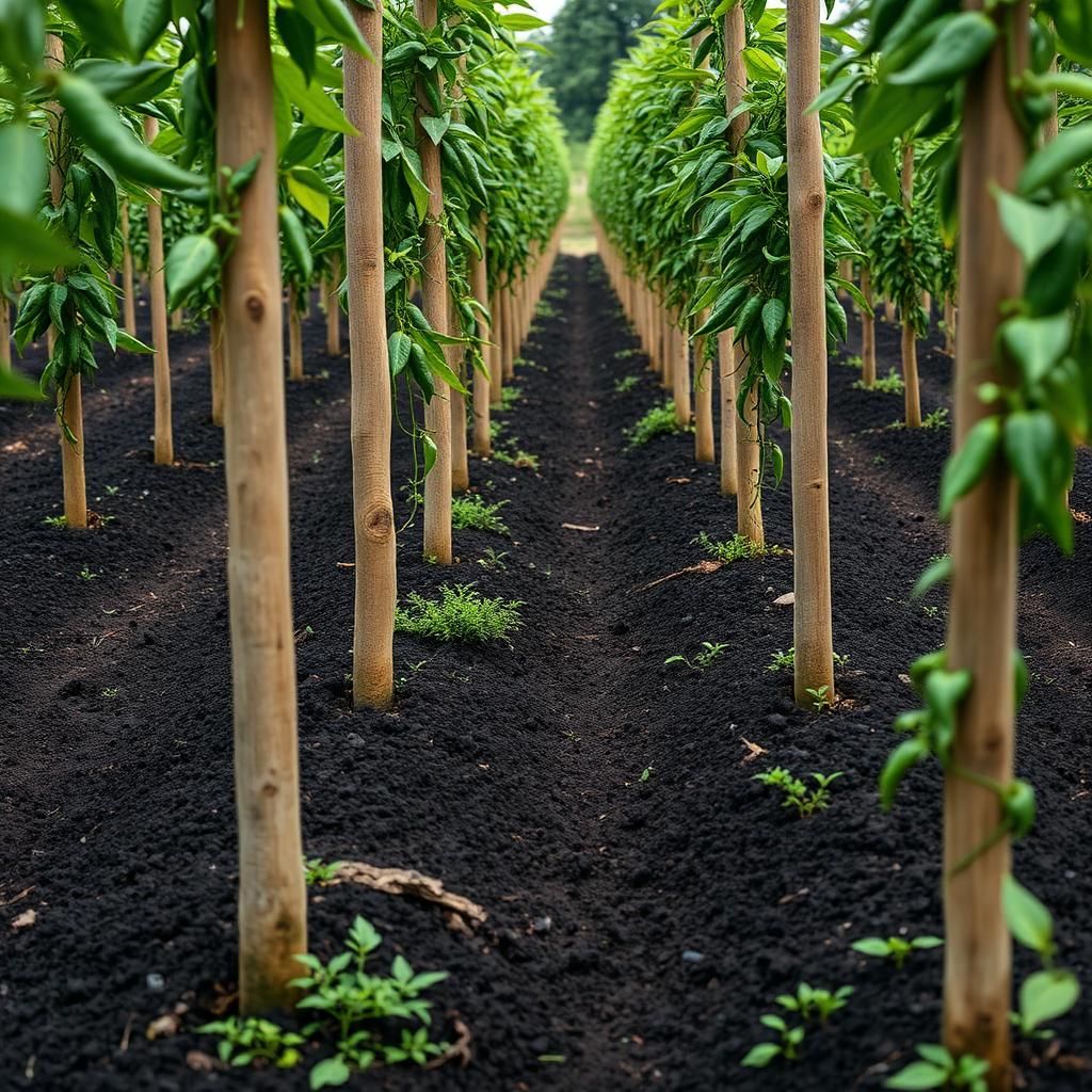 Close-up rows of Penja pepper vines on the farm